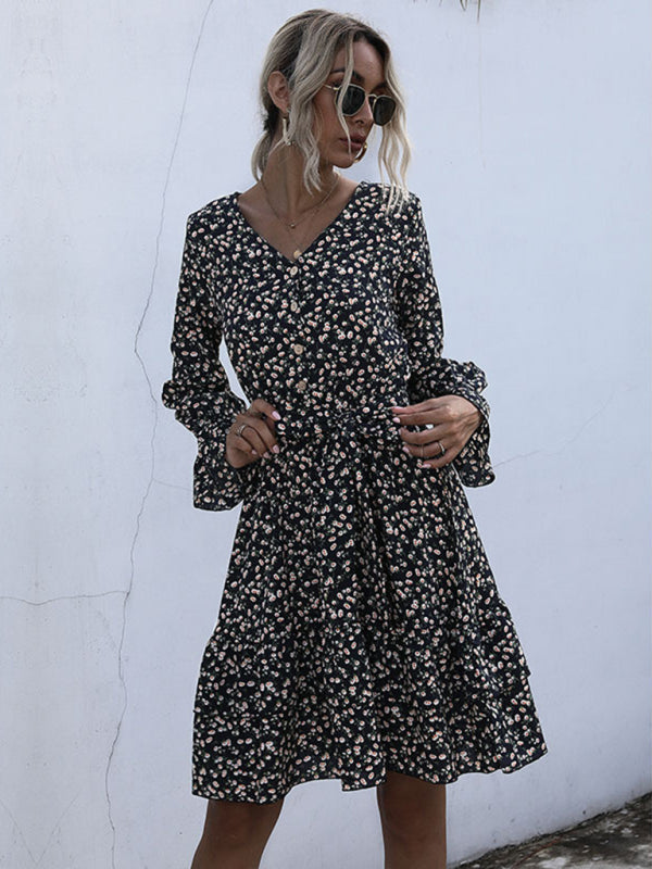 Women Floral Print Knit Long Sleeve Dress - Black / S