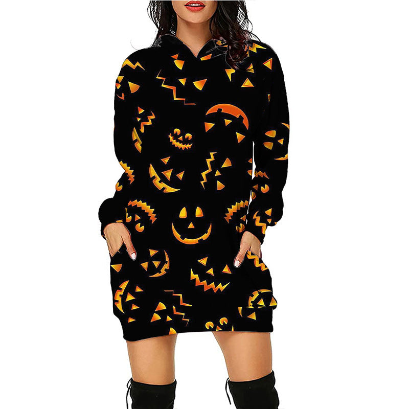 Women Halloween Pumpkin Print Hoodie Dress - Pattern1 / S