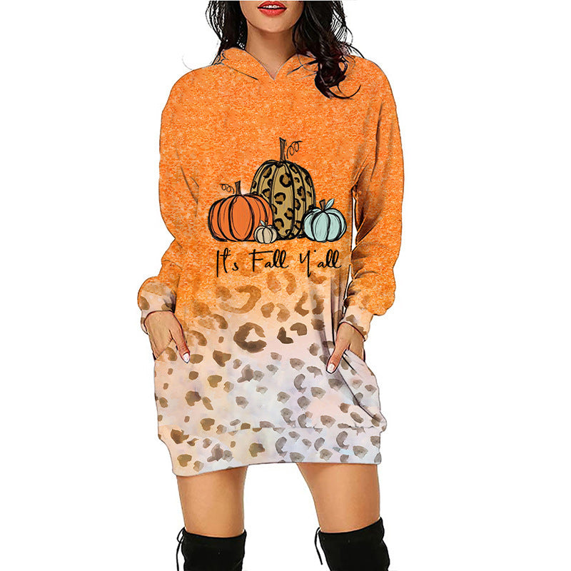 Women Halloween Pumpkin Print Hoodie Dress - Pattern7 / S