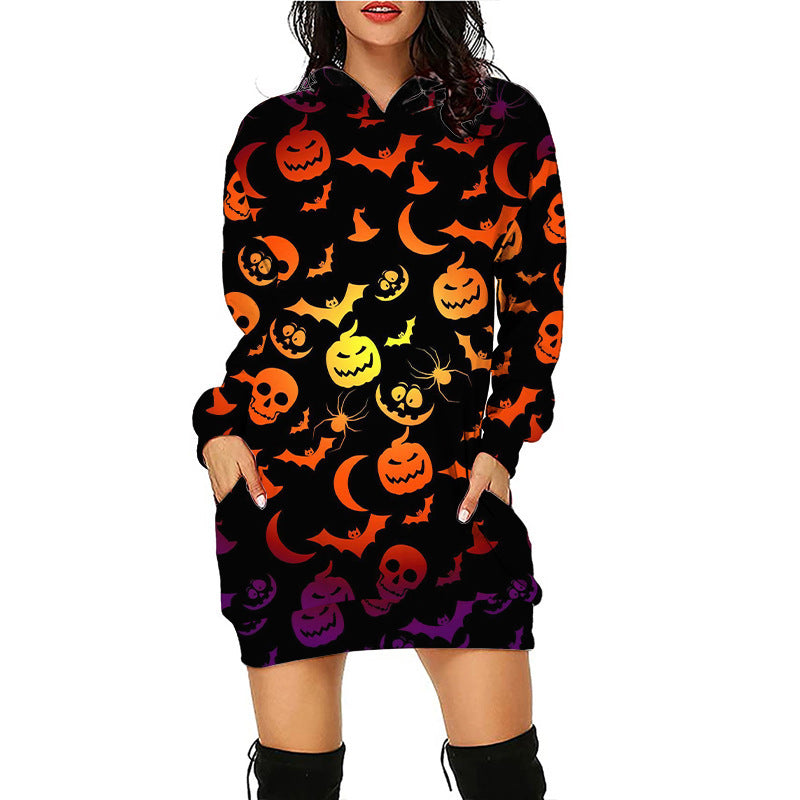 Women Halloween Pumpkin Print Hoodie Dress - Pattern8 / S