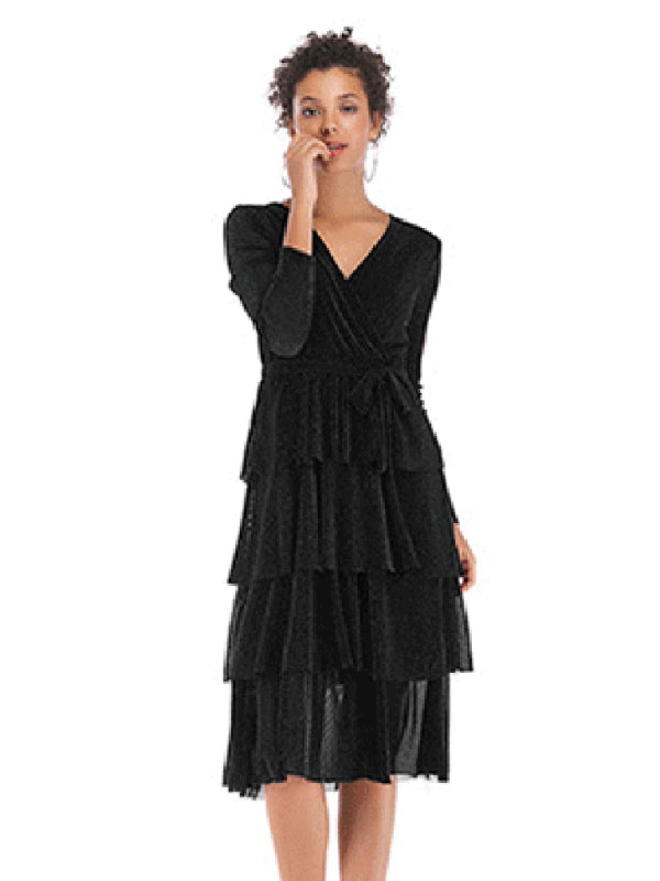 Women V-Neck Ruffle Layered Autumn Dress