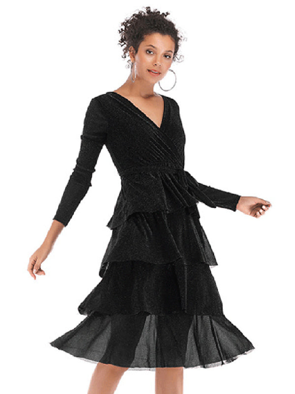 Women V-Neck Ruffle Layered Autumn Dress