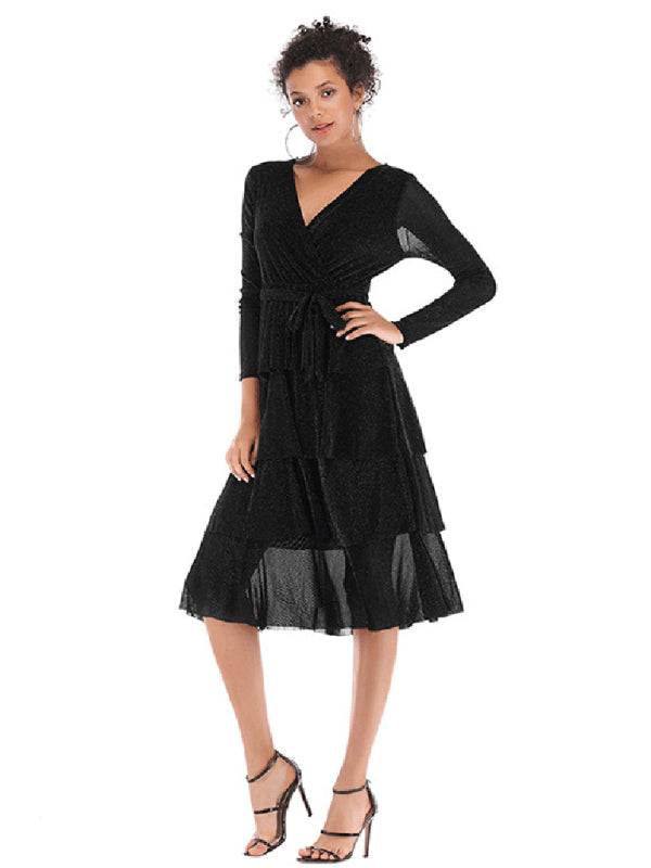 Women V-Neck Ruffle Layered Autumn Dress - Black / S