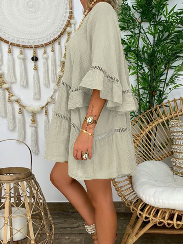 Women’s 3/4 Sleeve Cotton Linen V-Neck Loose Button Cutout Plus Size Top Dress