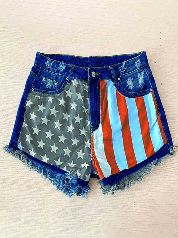 Women’s American Flag Fringe Star Print Denim Shorts
