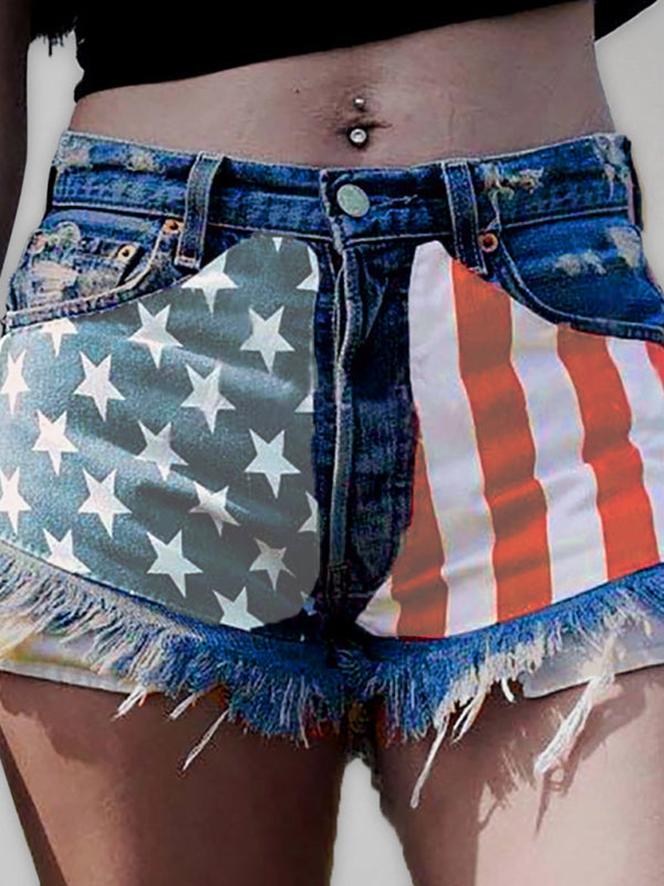 Women’s American Flag Fringe Star Print Denim Shorts - Clear blue / S