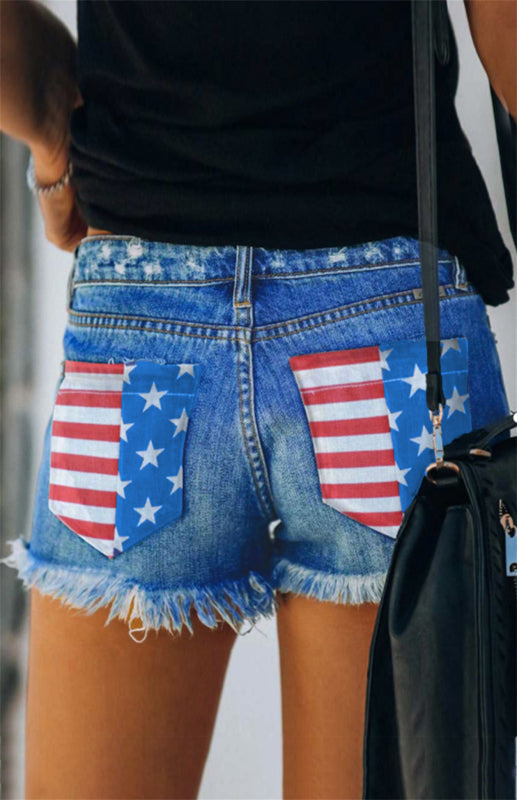 Women’s American Flag Pocket Distressed Raw Hem Denim Shorts