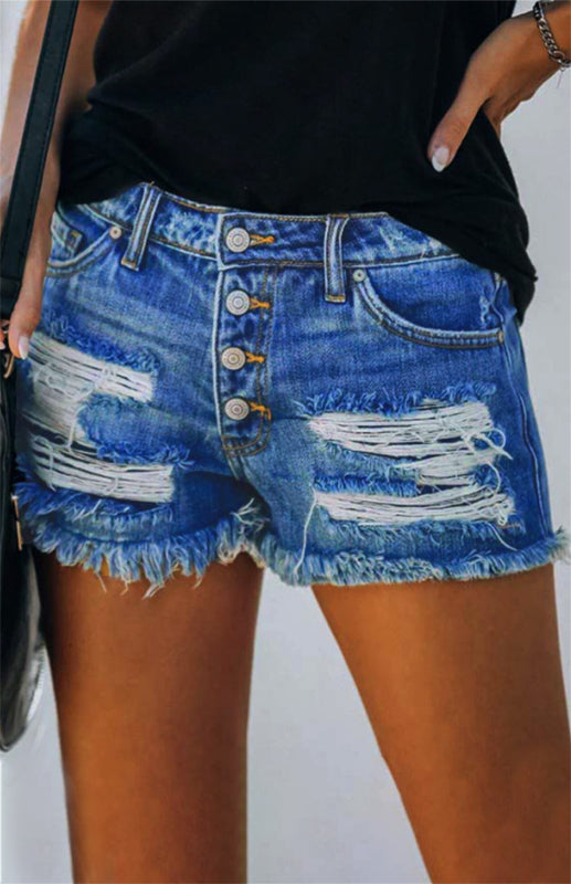 Women’s American Flag Pocket Distressed Raw Hem Denim Shorts