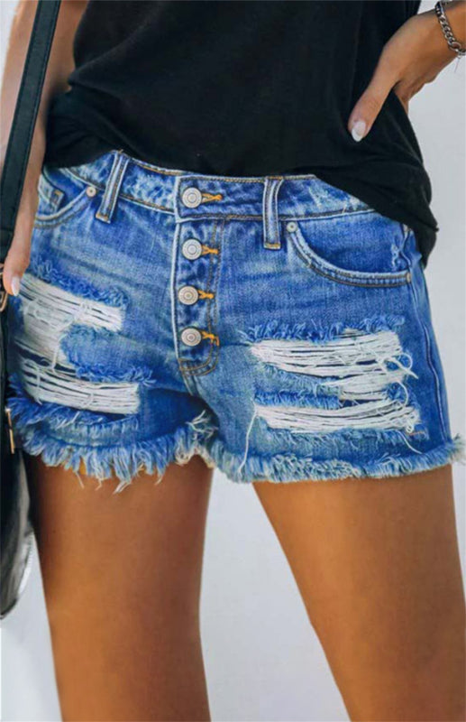 Women’s American Flag Pocket Distressed Raw Hem Denim Shorts - Purplish blue navy / S