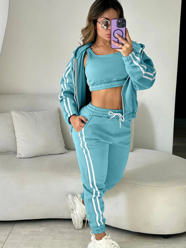Women’s autumn and winter fashion hooded vest sports suit three-piece set - Sky blue azure / S