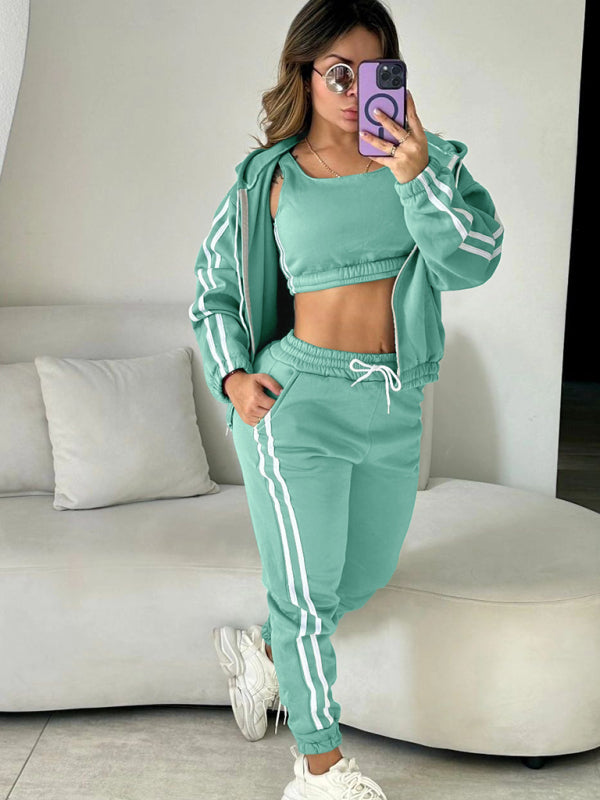 Women’s autumn and winter fashion hooded vest sports suit three-piece set - Green / S