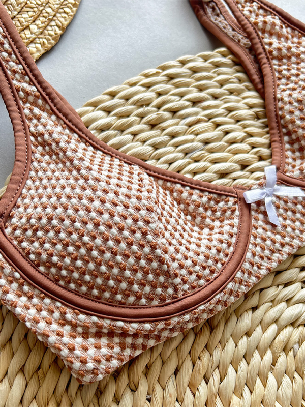 Brown and white textured bra with bow for Women’s Bikini Plaid Sexy Two-Piece Swimsuit