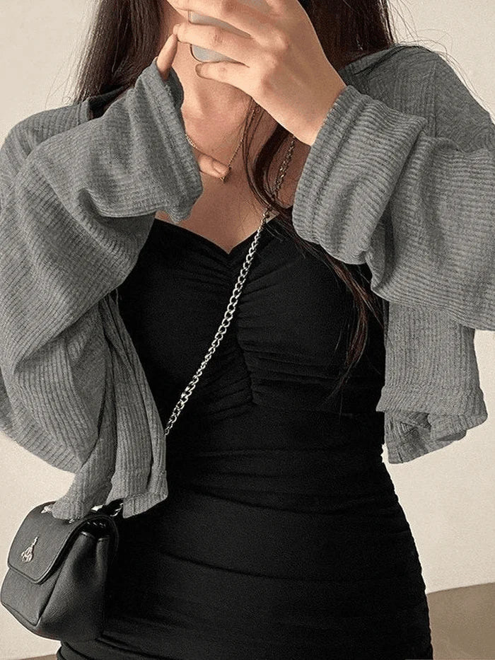 WOMEN'S BLACK DRESS SET WITH GRAY CARDIGAN AND PURSE Y2K CASUAL CROP