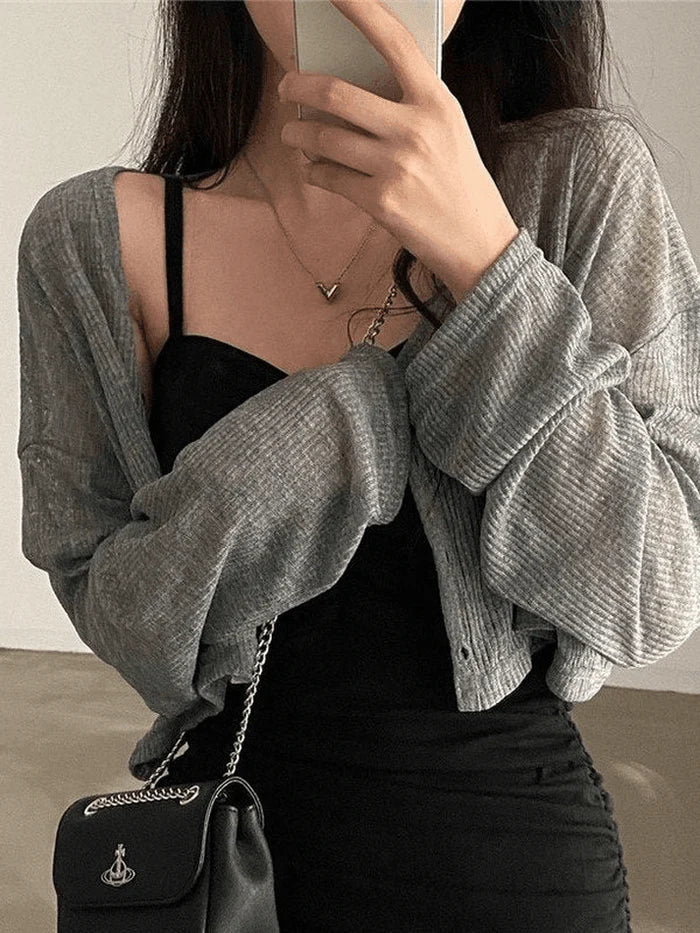 WOMEN'S BLACK DRESS SET WITH GRAY CARDIGAN AND PURSE Y2K CASUAL CROP
