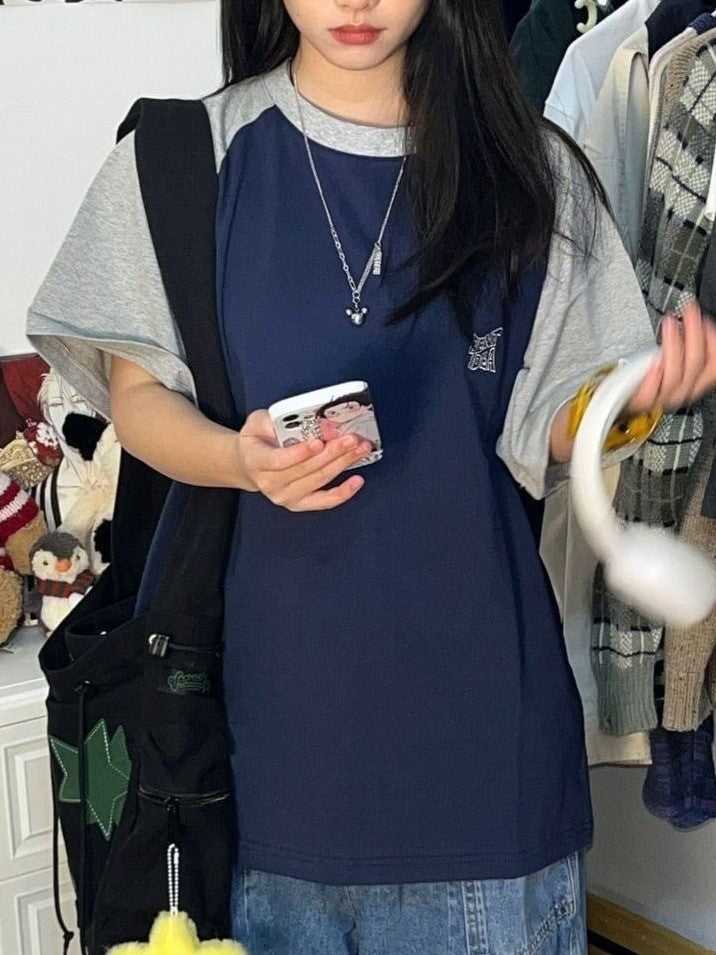 WOMEN'S BLUE AND GRAY RETRO OVERSIZE RAGLAN T-SHIRT