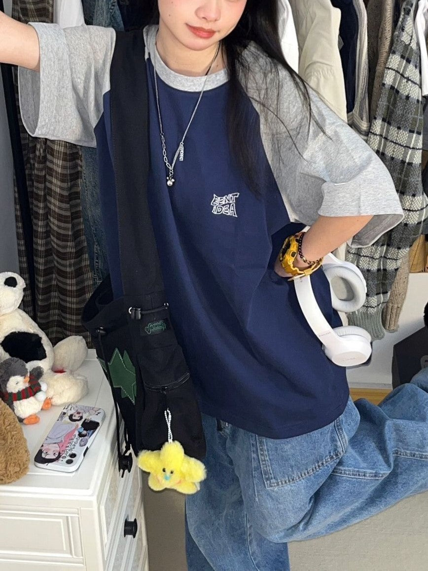 WOMEN'S BLUE AND GRAY RETRO OVERSIZE RAGLAN T-SHIRT