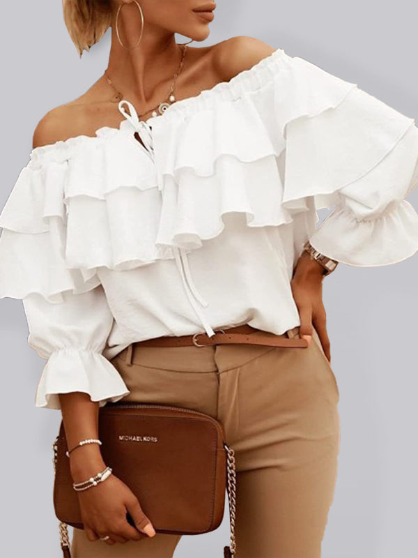 Women’s Boat neck tie ruffle track blouse - White / S