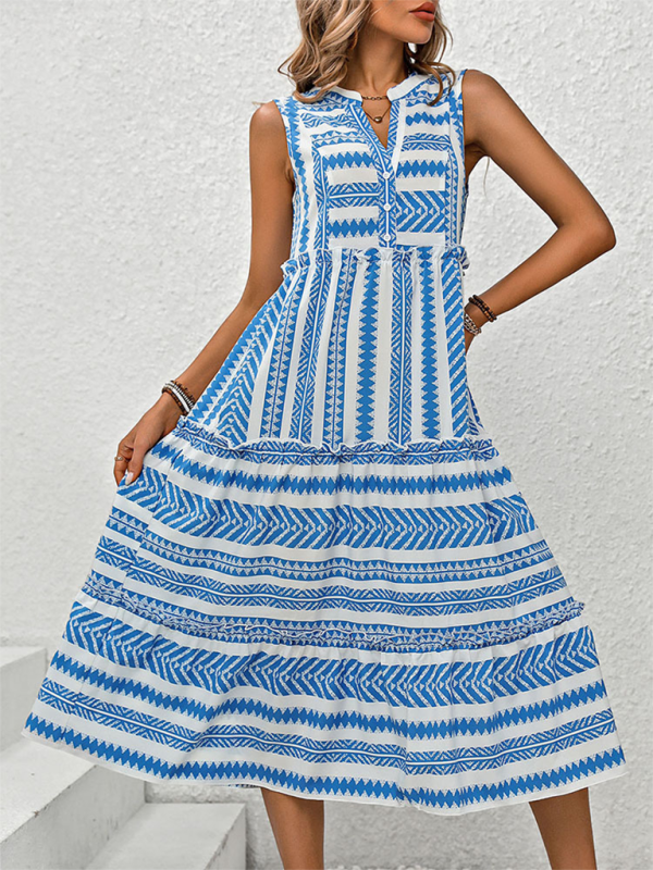 Blue and white patterned sleeveless dress from Women’s Bohemian Resort collection
