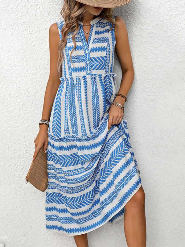 Blue and white patterned sleeveless women’s Bohemian Resort Dress displayed in a product image