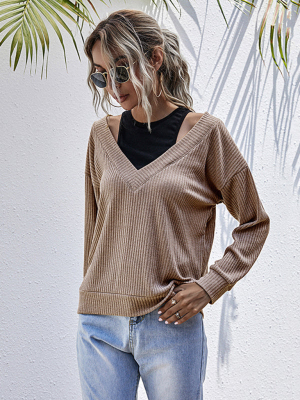 Women’s Bottom Fake Two-Piece Oversized Stitching V-Neck Knitted Sweater