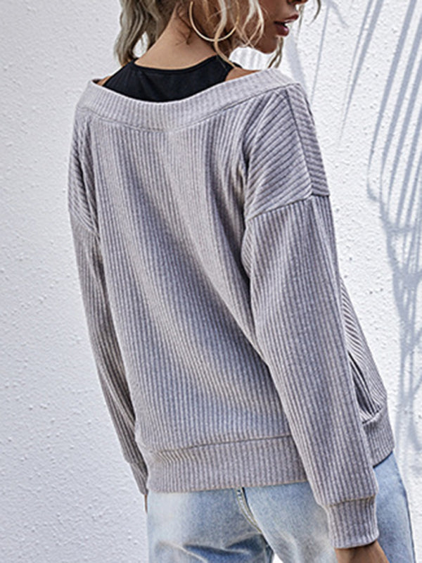 Women’s Bottom Fake Two-Piece Oversized Stitching V-Neck Knitted Sweater