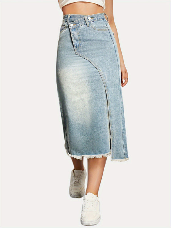 Women’s button slit high waist denim skirt - Blue / S