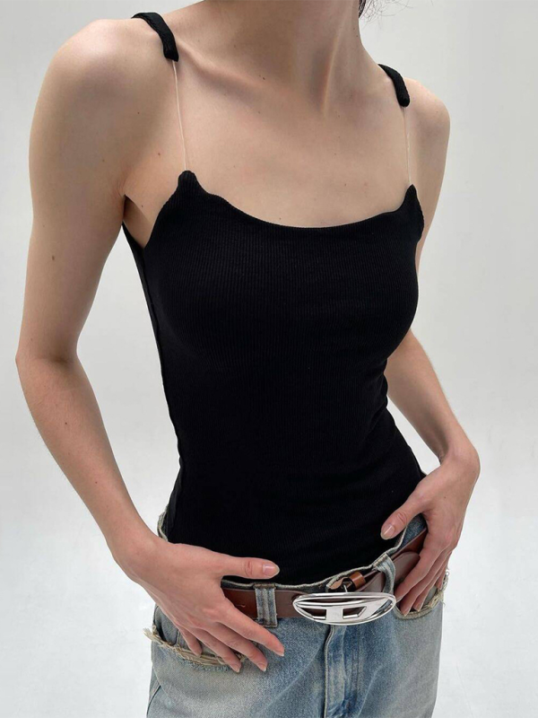 Women’s Camisole with Padded Ribbed Knit Top - Black / FREESIZE