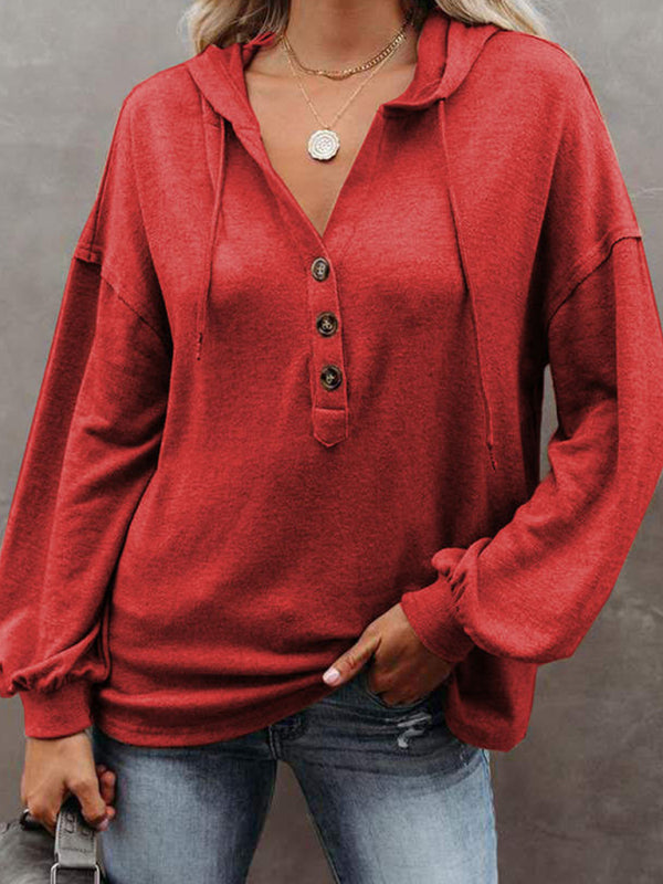 Women’s Cardigan Hoodie Casual Loose Solid Color Sweatshirt - Red / S