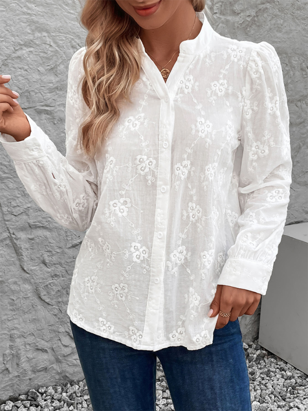Women’s Cardigan Shirt Long Sleeve Hollow Lace Top Jacquard Shirt