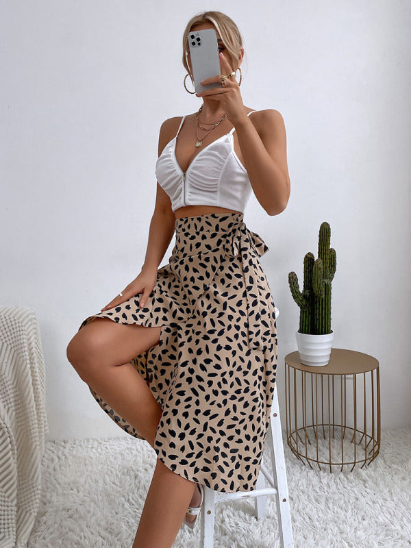 Women’s casual all-match temperament polka dot print slit skirt