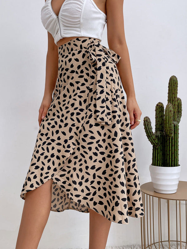 Women’s casual all-match temperament polka dot print slit skirt - Khaki / S