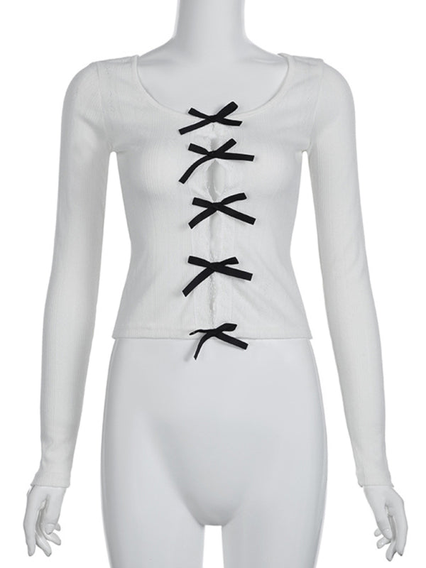 Women’s casual bow lace hollow slim long-sleeved top