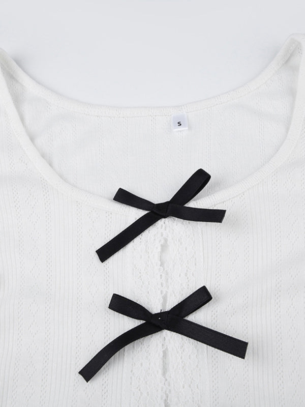 Women’s casual bow lace hollow slim long-sleeved top