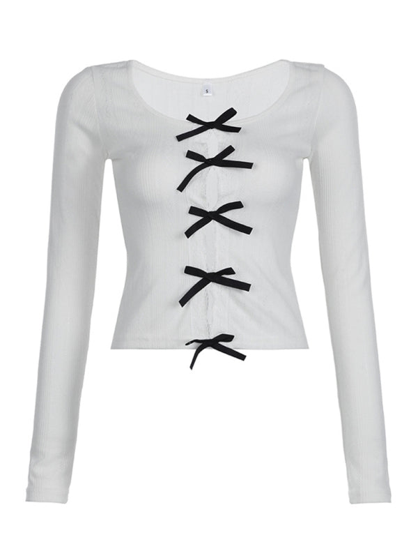 Women’s casual bow lace hollow slim long-sleeved top