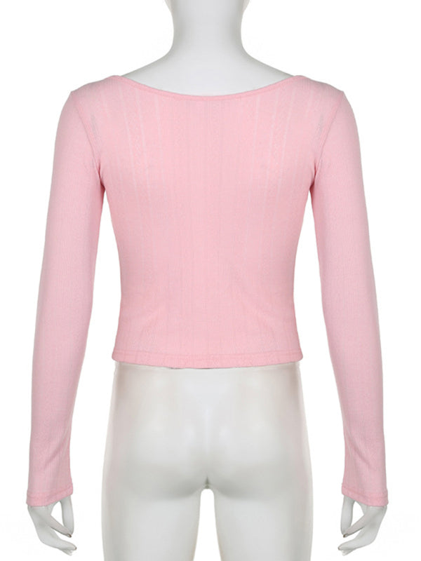 Women’s casual bow lace hollow slim long-sleeved top