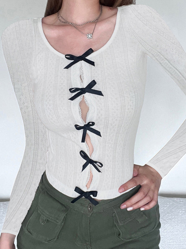 Women’s casual bow lace hollow slim long-sleeved top - White / S