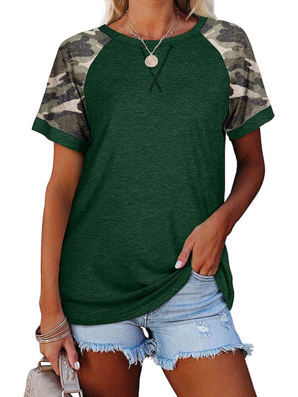 Women’s Casual Camouflage Printed Mosaic Round Neck Short Sleeve T-Shirt - Green / S