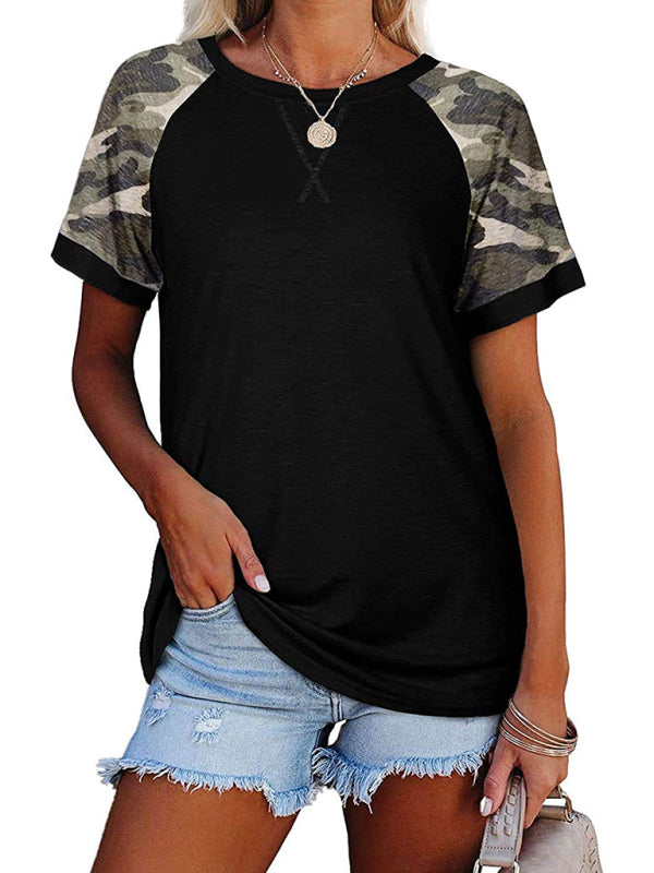 Women’s Casual Camouflage Printed Mosaic Round Neck Short Sleeve T-Shirt - Black / S