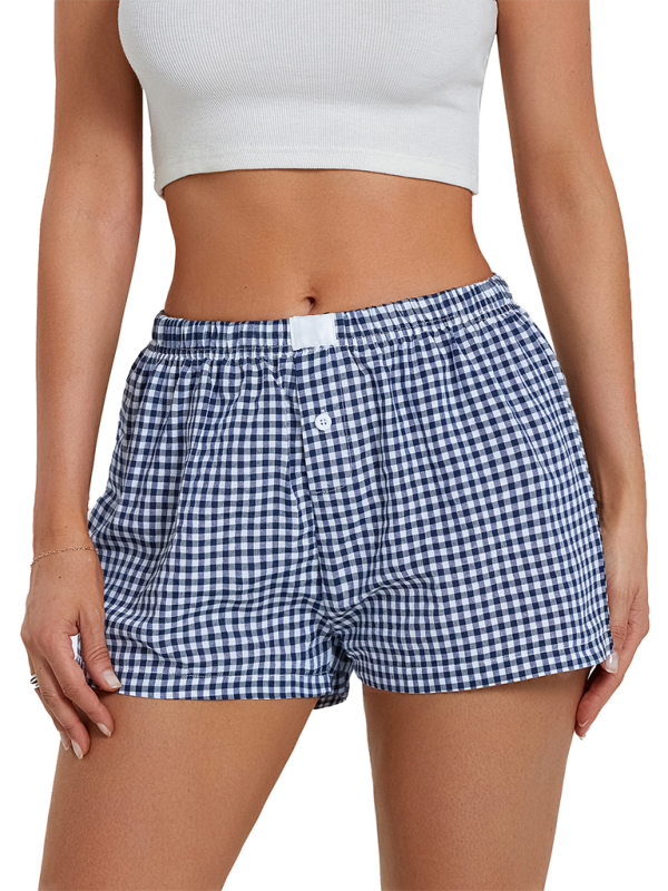 Women’s Casual Comfort High Waist Loose Wide Leg Vintage Plaid Shorts - Blue / S