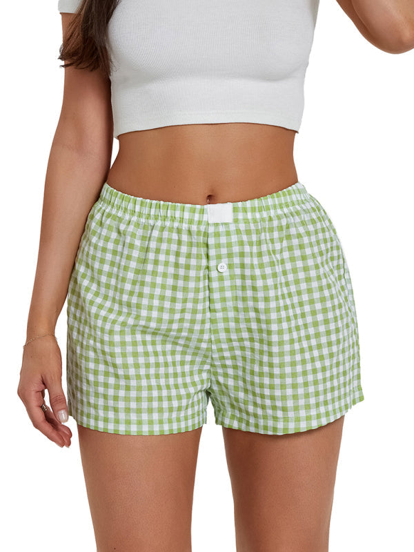 Women’s Casual Comfort High Waist Loose Wide Leg Vintage Plaid Shorts - Pale green / S