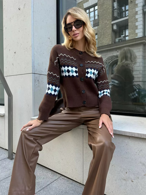 Women’s Casual Diamond Jacquard Knit Cardigan