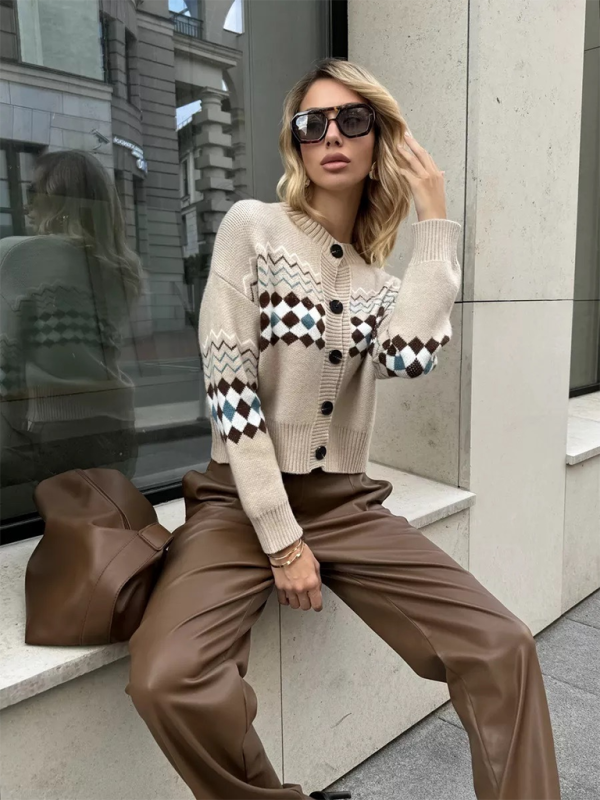 Women’s Casual Diamond Jacquard Knit Cardigan