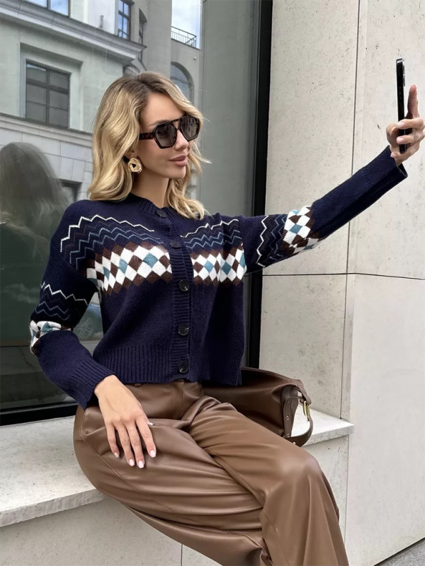 Women’s Casual Diamond Jacquard Knit Cardigan