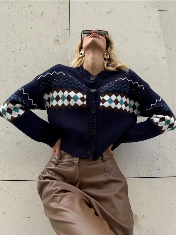 Women’s Casual Diamond Jacquard Knit Cardigan