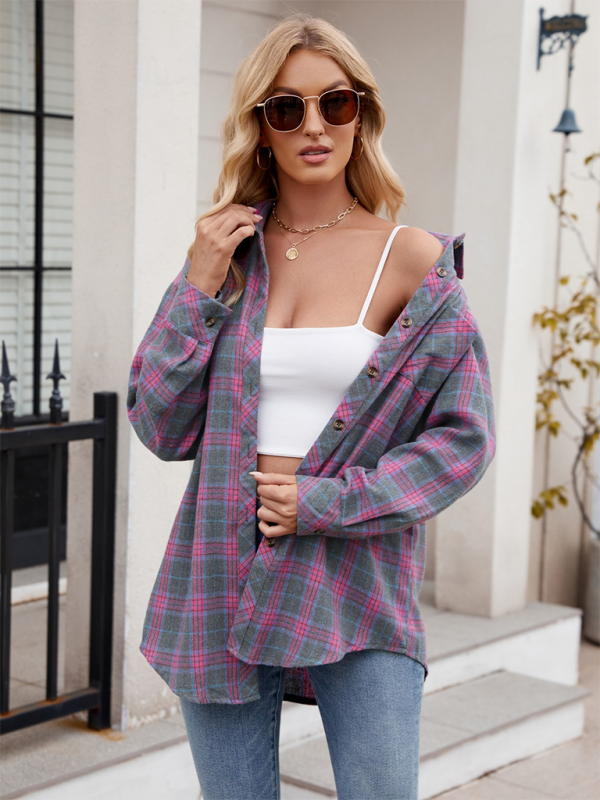 Women’s casual fashion hot girl loose plaid shirt