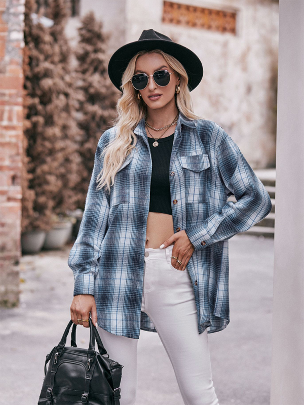 Women’s Casual Fashion Oversize Loose Plaid Shirt - Blue / S