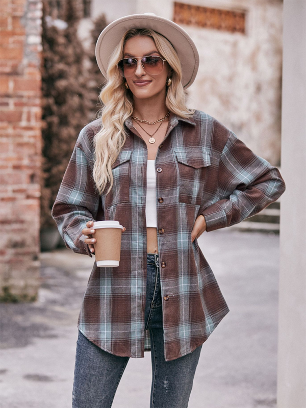 Women’s Casual Fashion Oversize Loose Plaid Shirt - Brown / S