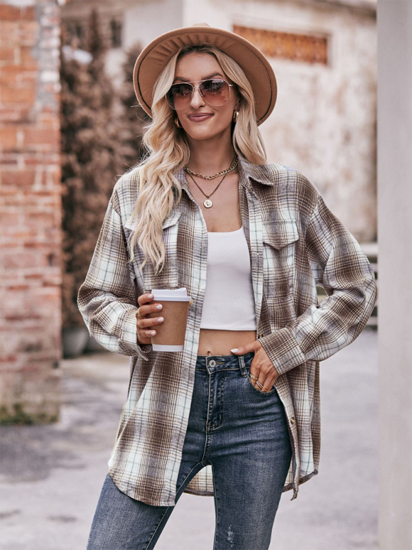 Women’s Casual Fashion Oversize Loose Plaid Shirt - Coffee / S