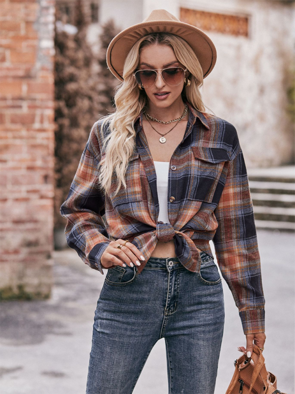 Women’s Casual Fashion Oversize Loose Plaid Shirt - Khaki / S