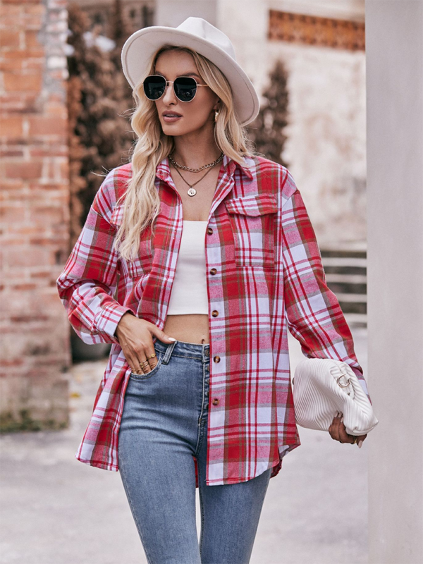 Women’s Casual Fashion Oversize Loose Plaid Shirt - Red / S